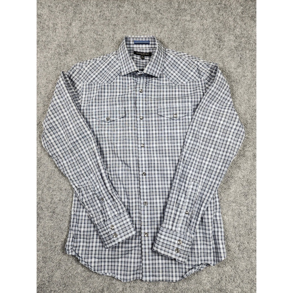 Banana Republic Mens Slim Fit Western Plaid Snap Button Shirt Blue White Small